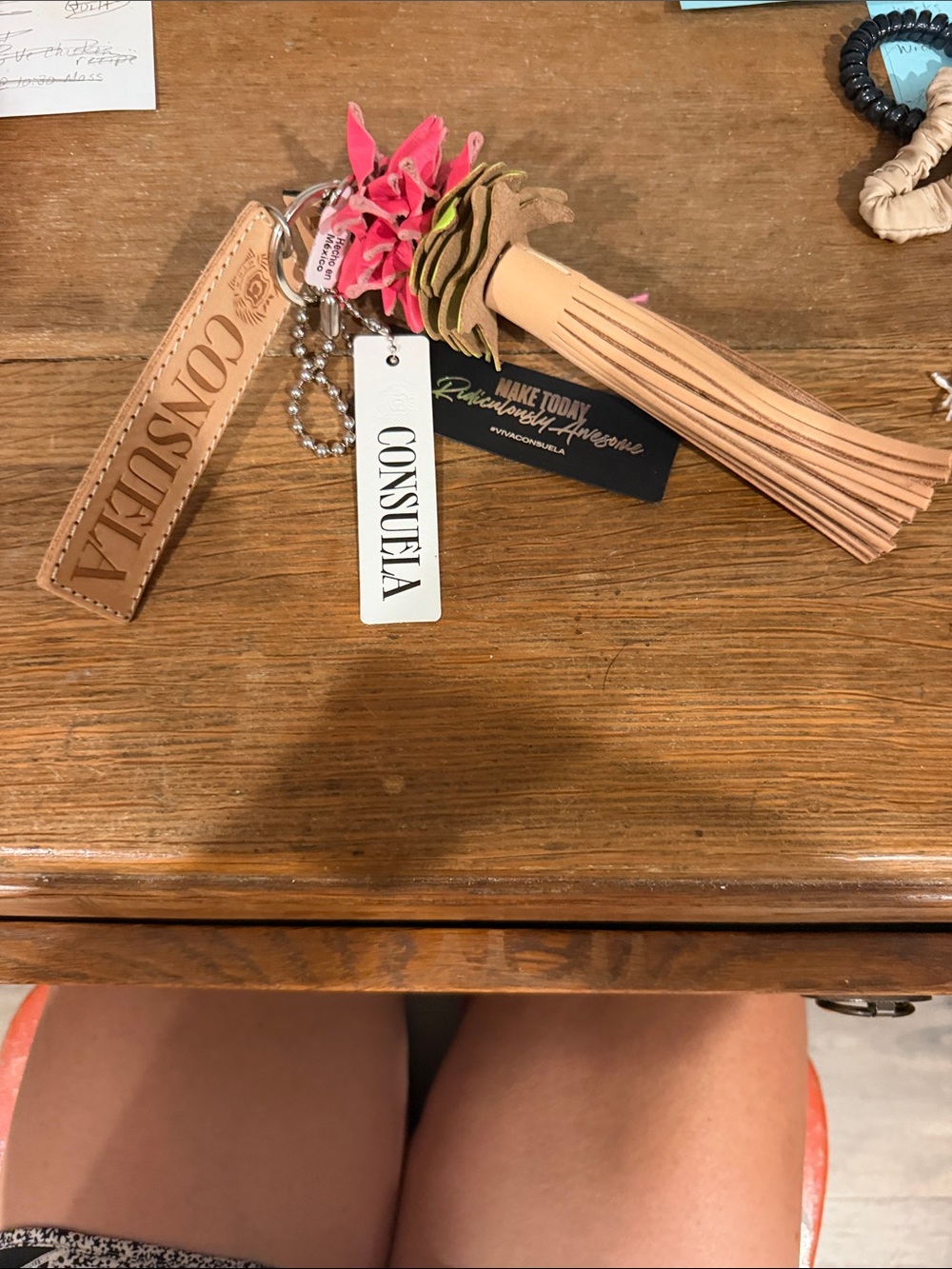 Consuela Tan Leather Tassel Key & Card Holder with Pink Floral Detail